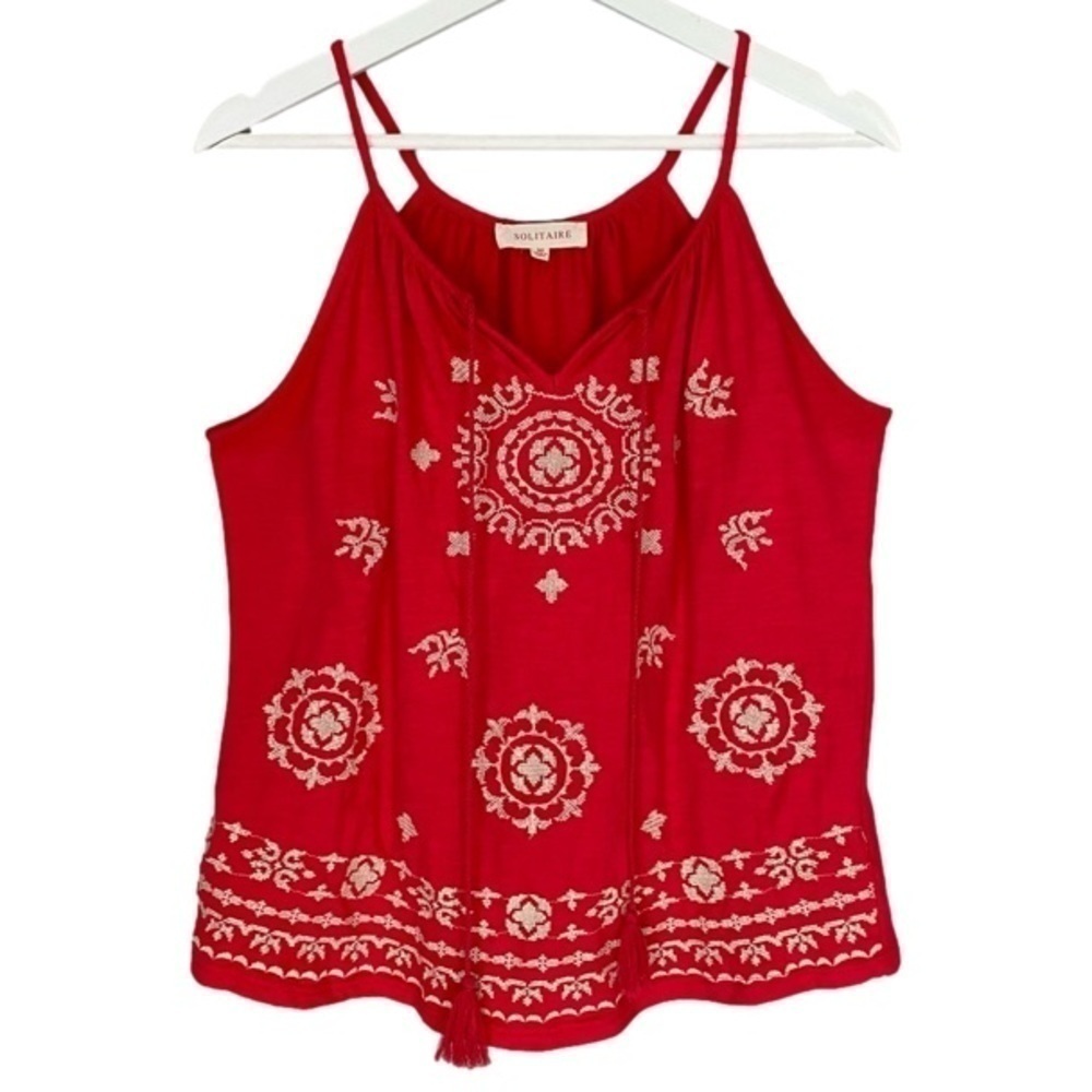SOLITAIRE Tank Top Spaghetti Strap Red w/Cream Stitch Design Women Size M